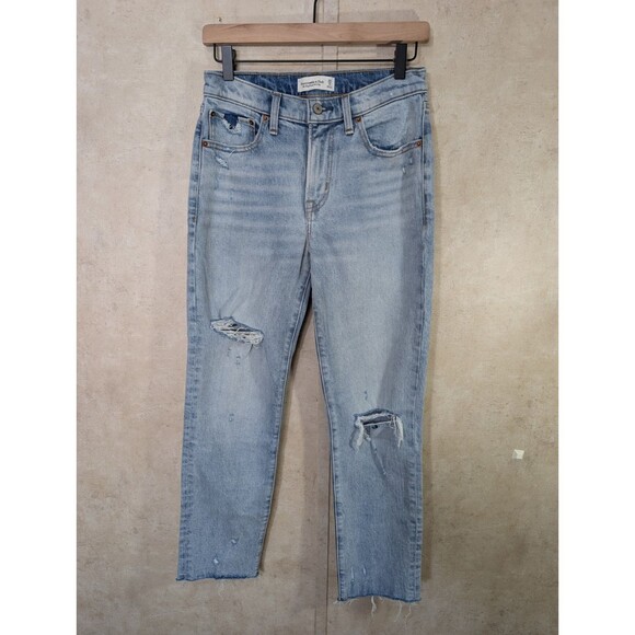Abercrombie & Fitch Boyfriend Jeans Womens 25/0 Mid Rise Distressed Raw Hem Blue - Picture 2 of 12
